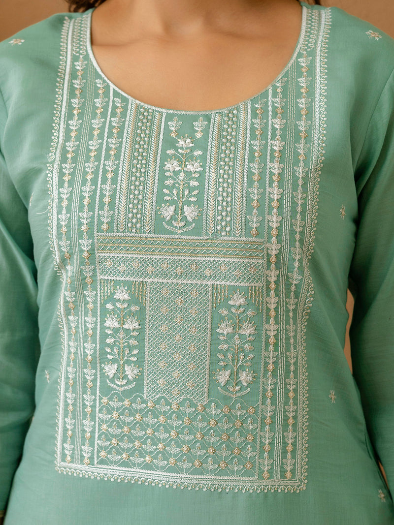 LightGreen Cotton Silk Embroidery Work Kurta Pant Set with Dupatta Salwar Suit Set Trendmalls