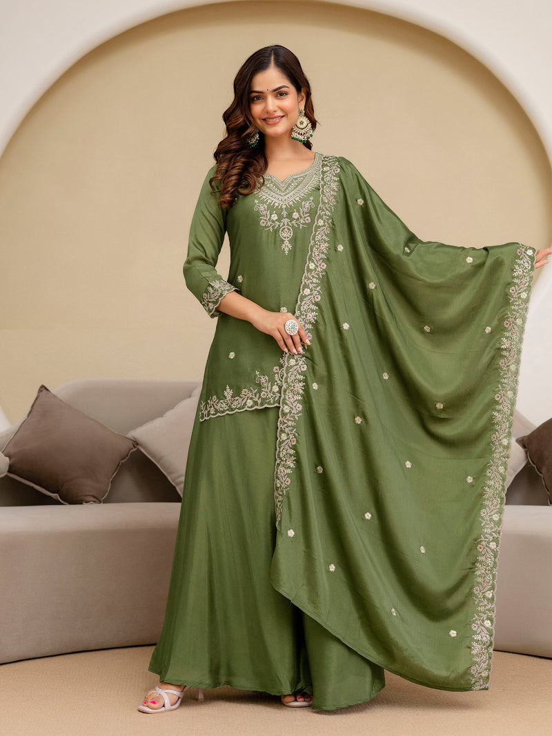 Mehndi Art Silk Embroidery Sequence Work Kurta Palazzo Set with Dupatta Salwar Suit Set Trendmalls