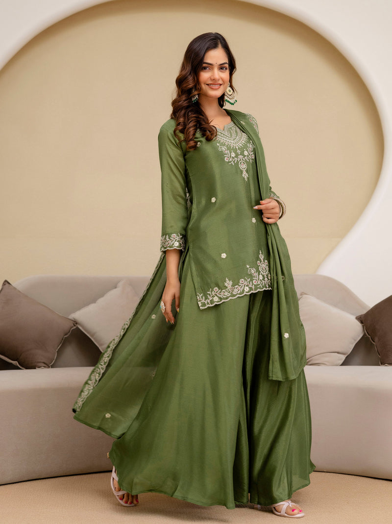 Mehndi Art Silk Embroidery Sequence Work Kurta Palazzo Set with Dupatta Salwar Suit Set Trendmalls