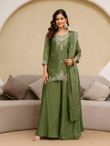 Mehndi Art Silk Embroidery Sequence Work Kurta Palazzo Set with Dupatta Salwar Suit Set Trendmalls