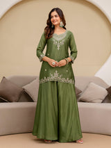 Mehndi Art Silk Embroidery Sequence Work Kurta Palazzo Set with Dupatta Salwar Suit Set Trendmalls