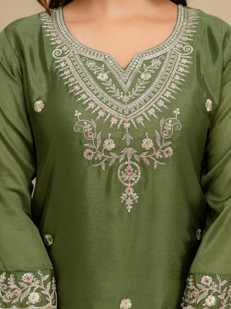 Mehndi Art Silk Embroidery Sequence Work Kurta Palazzo Set with Dupatta Salwar Suit Set Trendmalls