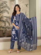 Blue Cotton Floral Print Salwar Suit With Dupatta Set For Women's