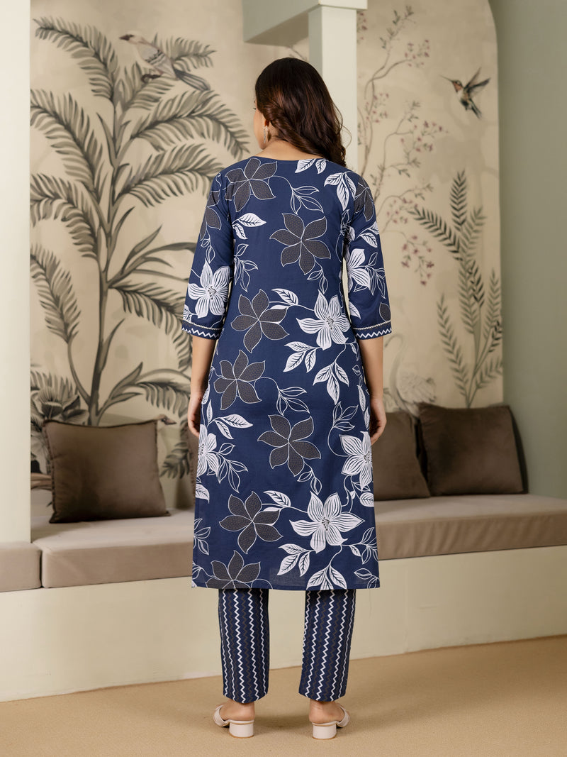 Blue Cotton Floral Print Salwar Suit With Dupatta Set For Women's