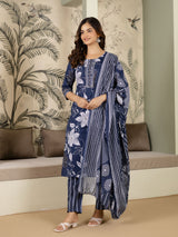 Blue Cotton Floral Print Salwar Suit With Dupatta Set For Women's