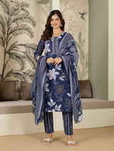 Blue Cotton Floral Print Salwar Suit With Dupatta Set For Women's