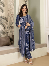 Blue Cotton Floral Print Salwar Suit With Dupatta Set For Women's