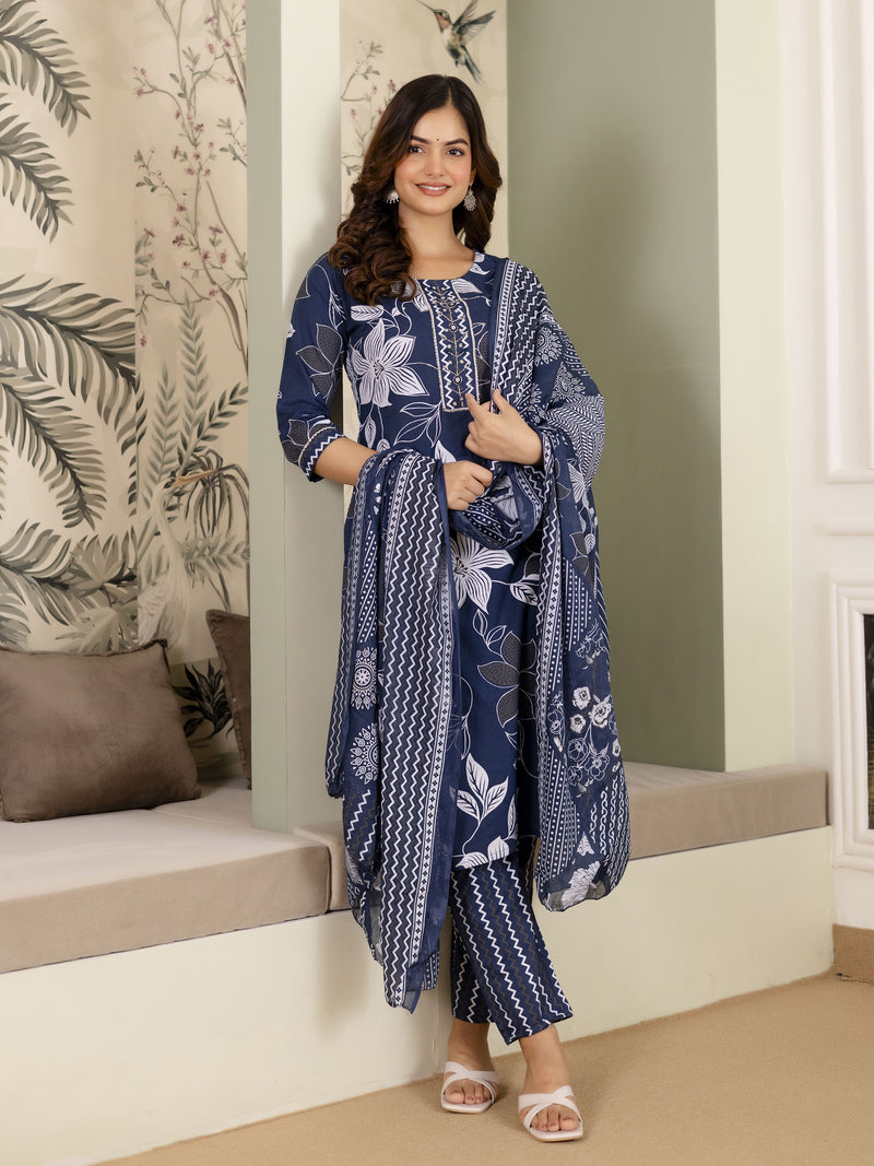 Blue Cotton Floral Print Salwar Suit With Dupatta Set For Women's