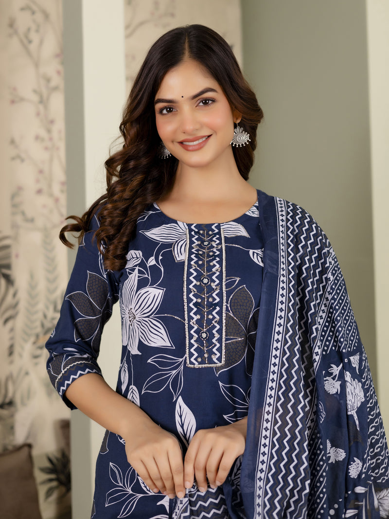 Blue Cotton Floral Print Salwar Suit With Dupatta Set For Women's