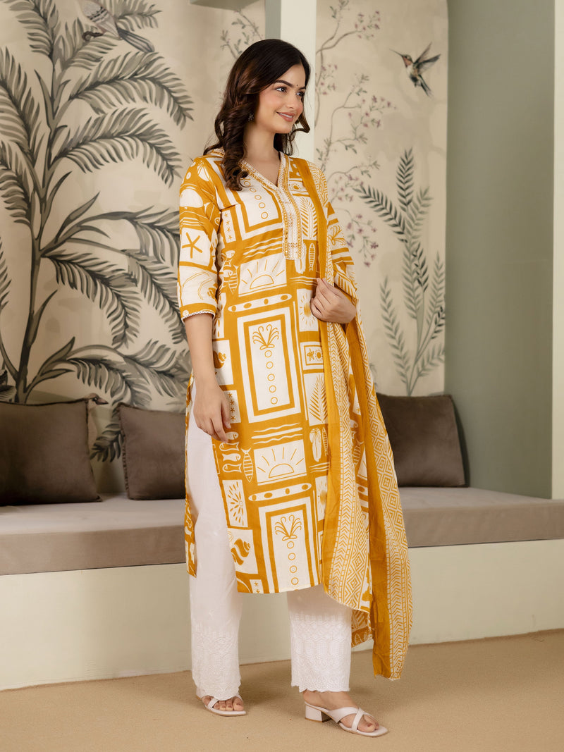 Yellow Cotton Embroidery Work Kurta Pant Set with Dupatta Salwar Suit Set Trendmalls