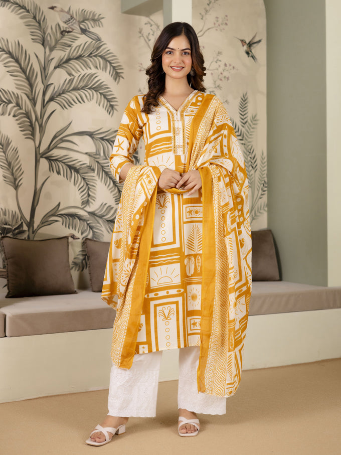 Yellow Cotton Embroidery Work Kurta Pant Set with Dupatta Salwar Suit Set Trendmalls