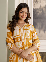 Yellow Cotton Embroidery Work Kurta Pant Set with Dupatta Salwar Suit Set Trendmalls