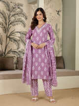 Light Purple Cotton Batik Print Salwar Suit With Dupatta Set For Women's
