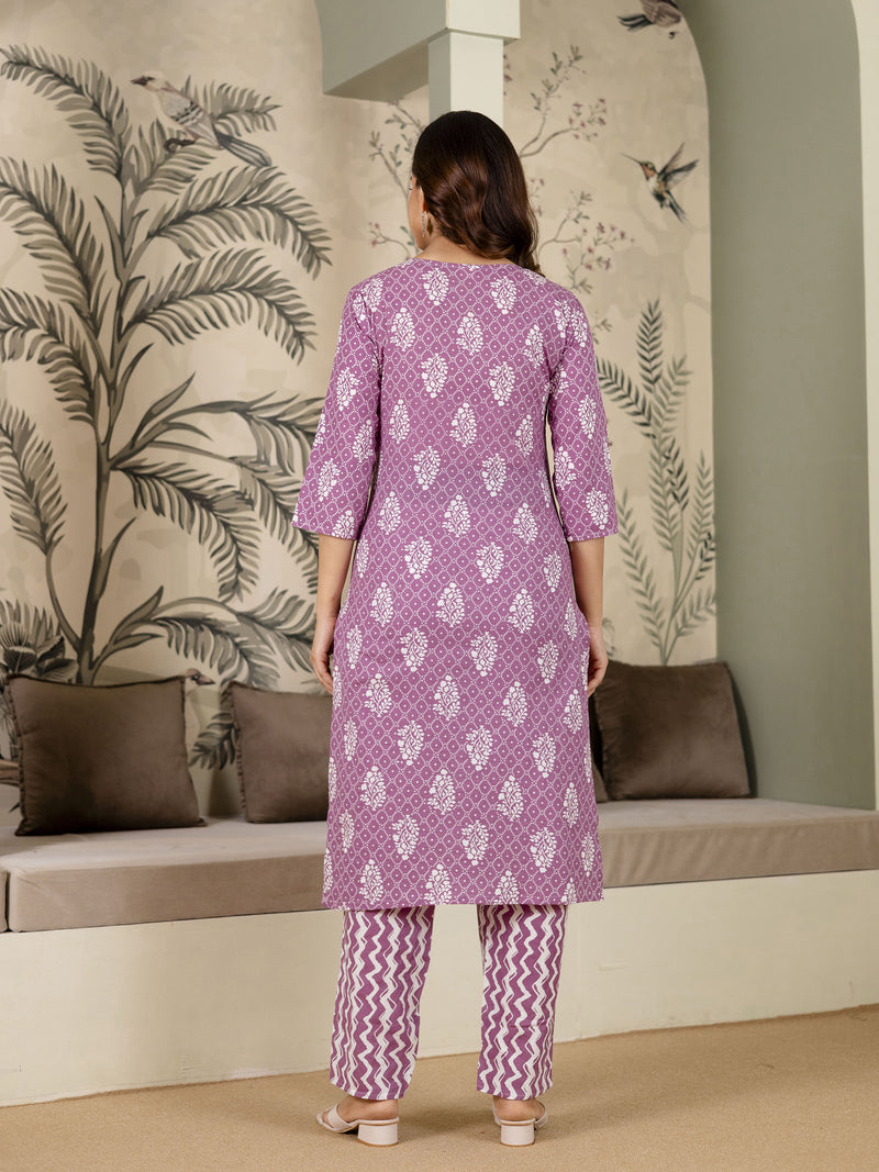 Light Purple Cotton Batik Print Salwar Suit With Dupatta Set For Women's