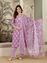 Light Purple Cotton Batik Print Salwar Suit With Dupatta Set For Women's