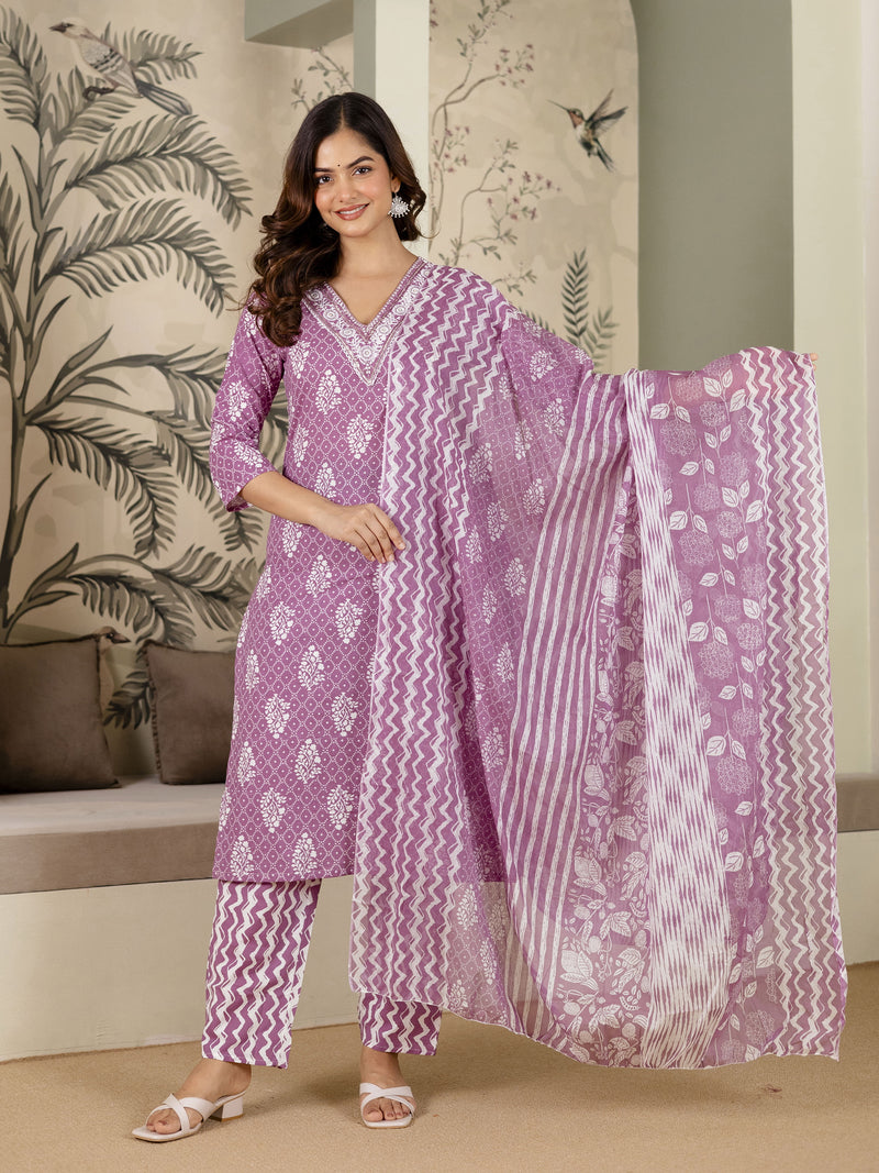 Light Purple Cotton Batik Print Salwar Suit With Dupatta Set For Women's