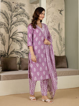 Light Purple Cotton Batik Print Salwar Suit With Dupatta Set For Women's