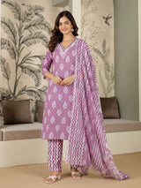 Light Purple Cotton Batik Print Salwar Suit With Dupatta Set For Women's