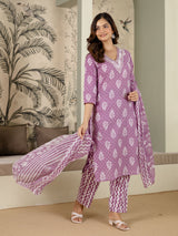 Light Purple Cotton Batik Print Salwar Suit With Dupatta Set For Women's