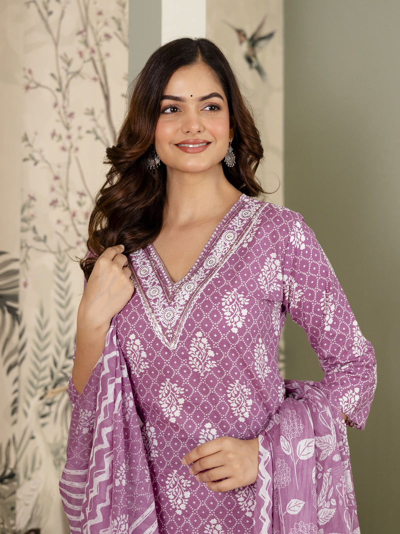 Light Purple Cotton Batik Print Salwar Suit With Dupatta Set For Women's