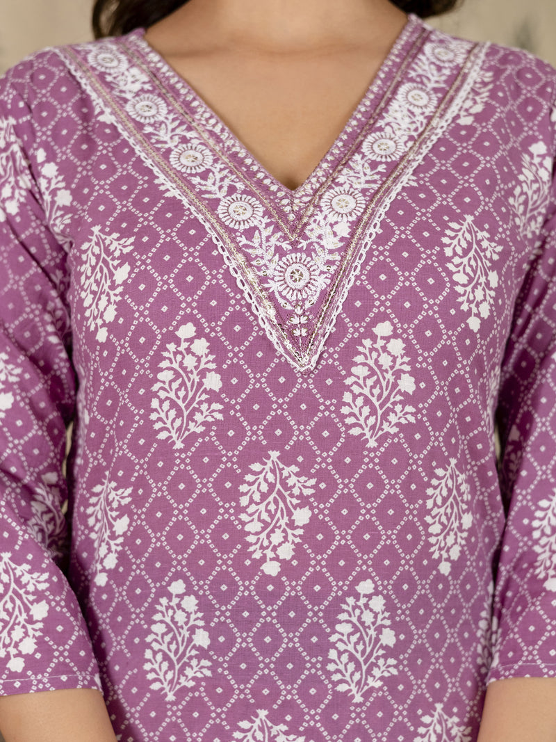 Light Purple Cotton Batik Print Salwar Suit With Dupatta Set For Women's