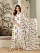 White Cotton Floral Print Salwar Suit With Dupatta Set For Women's