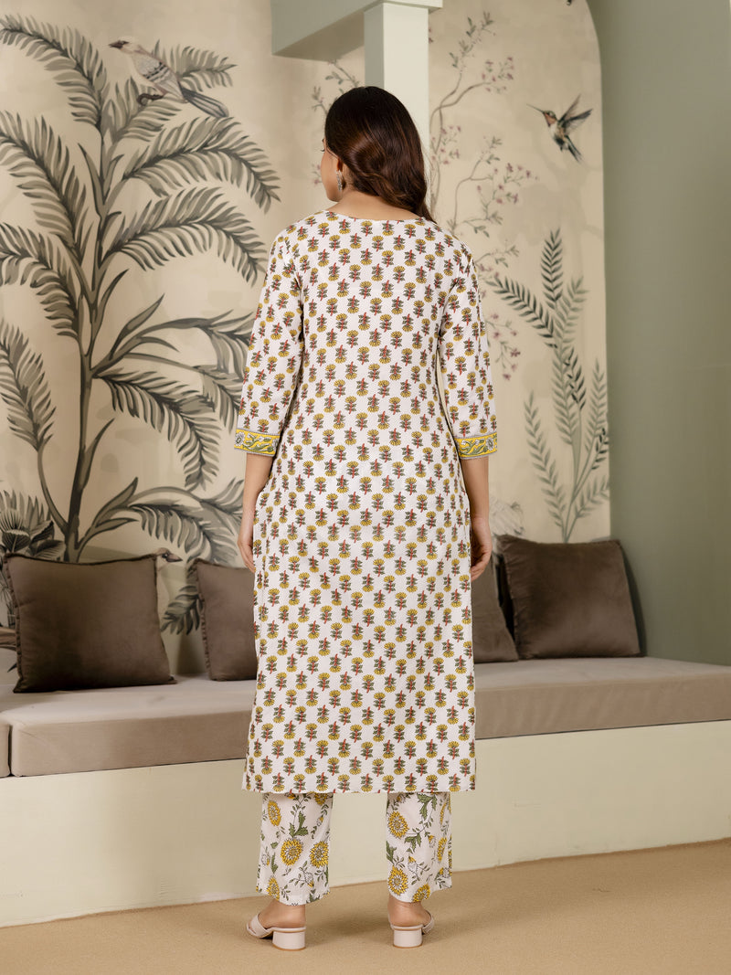 White Cotton Floral Print Salwar Suit With Dupatta Set For Women's