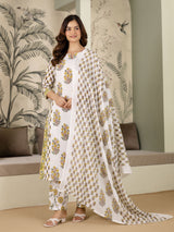 White Cotton Floral Print Salwar Suit With Dupatta Set For Women's
