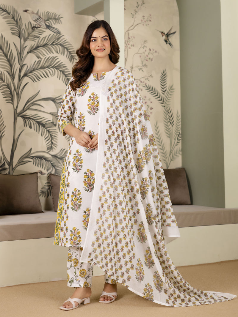 White Cotton Floral Print Salwar Suit With Dupatta Set For Women's