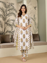 White Cotton Floral Print Salwar Suit With Dupatta Set For Women's