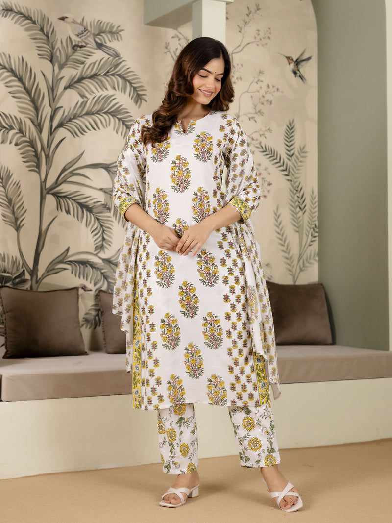 White Cotton Floral Print Salwar Suit With Dupatta Set For Women's