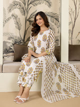 White Cotton Floral Print Salwar Suit With Dupatta Set For Women's