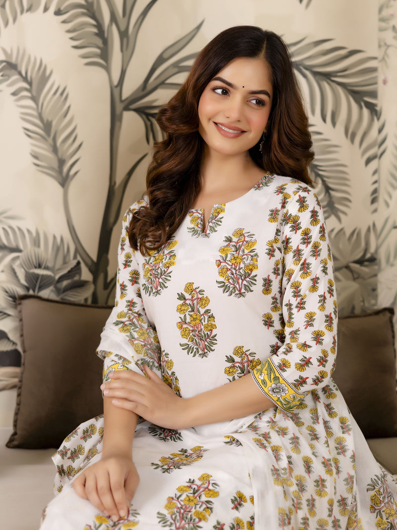 White Cotton Floral Print Salwar Suit With Dupatta Set For Women's