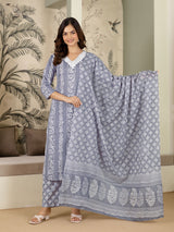 Grey Pure Cotton Ethnic Motif Printed Kurta Pant with Dupatta Set For Women's