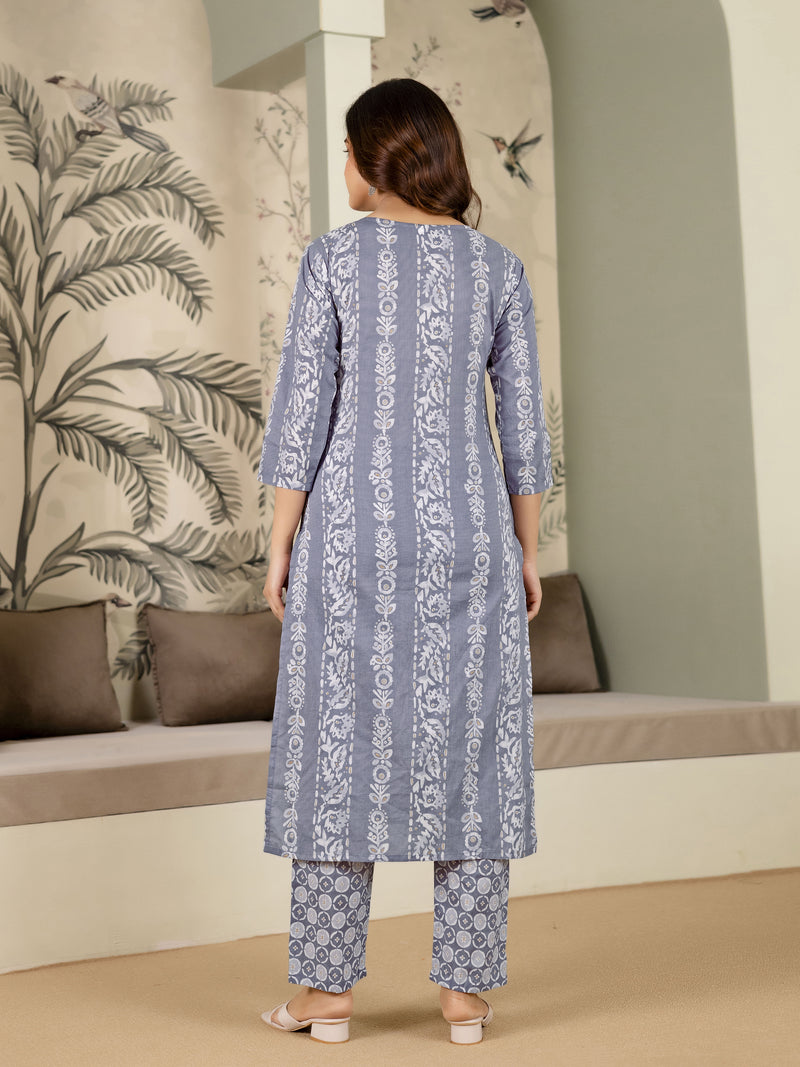 Grey Pure Cotton Ethnic Motif Printed Kurta Pant with Dupatta Set For Women's