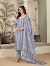 Grey Pure Cotton Ethnic Motif Printed Kurta Pant with Dupatta Set For Women's