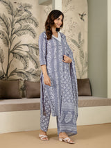 Grey Pure Cotton Ethnic Motif Printed Kurta Pant with Dupatta Set For Women's