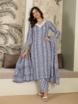 Grey Pure Cotton Ethnic Motif Printed Kurta Pant with Dupatta Set For Women's