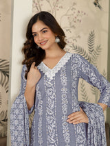 Grey Pure Cotton Ethnic Motif Printed Kurta Pant with Dupatta Set For Women's
