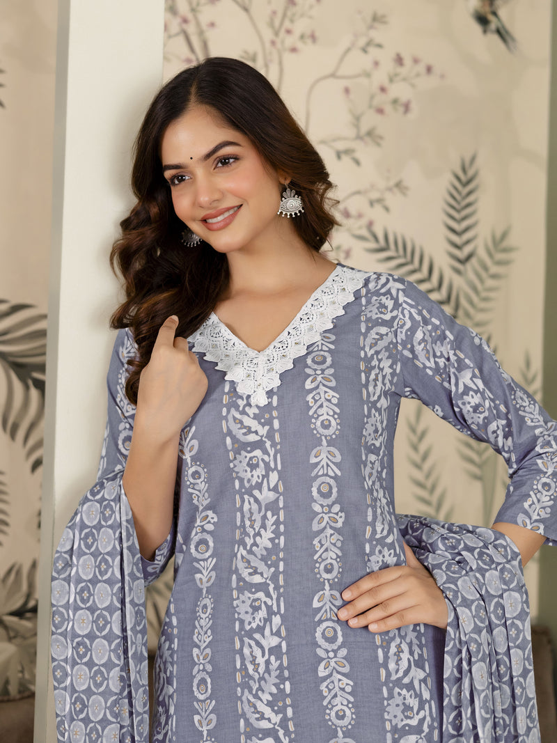 Grey Pure Cotton Ethnic Motif Printed Kurta Pant with Dupatta Set For Women's