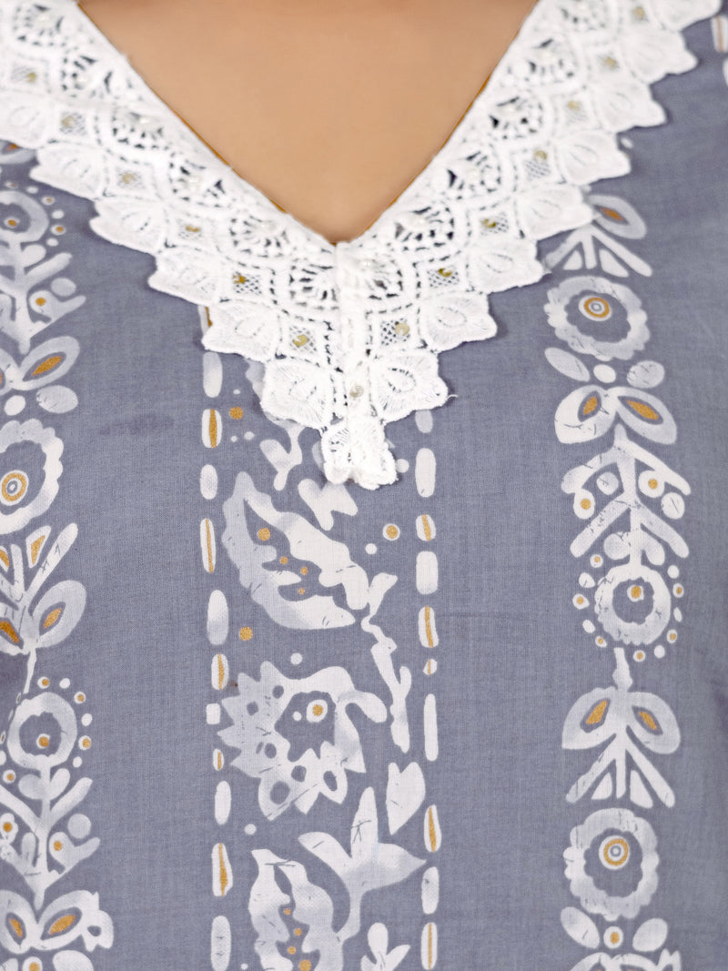 Grey Pure Cotton Ethnic Motif Printed Kurta Pant with Dupatta Set For Women's