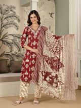 Maroon Pure Cotton Embroidery Work Printed Kurta Pant with Dupatta Set For Women's