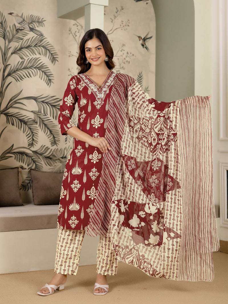 Maroon Pure Cotton Embroidery Work Printed Kurta Pant with Dupatta Set For Women's