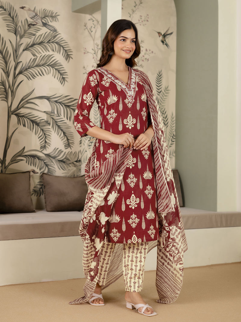 Maroon Pure Cotton Embroidery Work Printed Kurta Pant with Dupatta Set For Women's