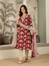 Maroon Pure Cotton Embroidery Work Printed Kurta Pant with Dupatta Set For Women's