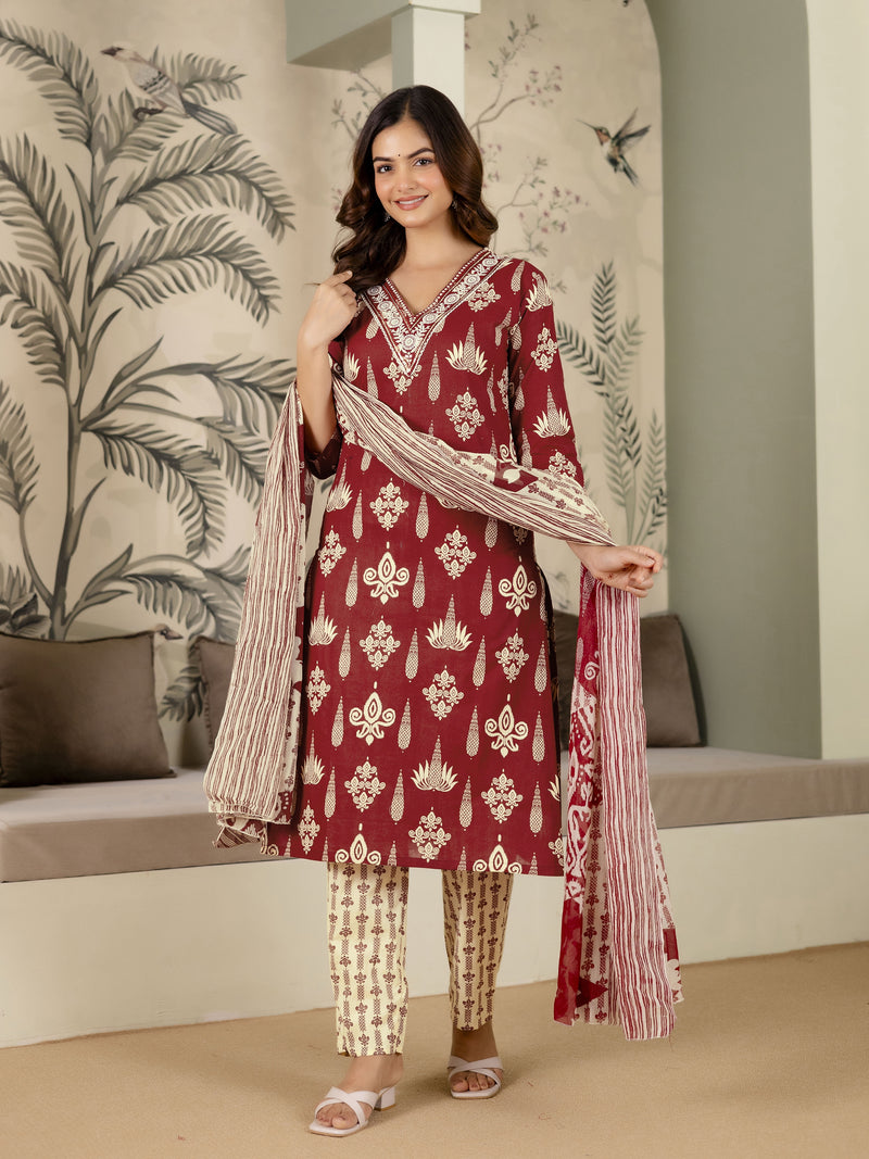 Maroon Pure Cotton Embroidery Work Printed Kurta Pant with Dupatta Set For Women's