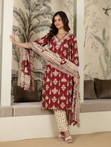 Maroon Pure Cotton Embroidery Work Printed Kurta Pant with Dupatta Set For Women's
