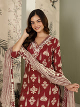 Maroon Pure Cotton Embroidery Work Printed Kurta Pant with Dupatta Set For Women's
