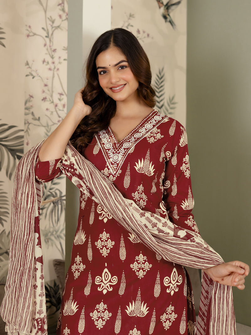 Maroon Pure Cotton Embroidery Work Printed Kurta Pant with Dupatta Set For Women's