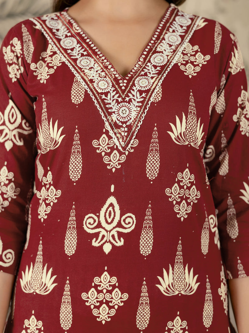 Maroon Pure Cotton Embroidery Work Printed Kurta Pant with Dupatta Set For Women's